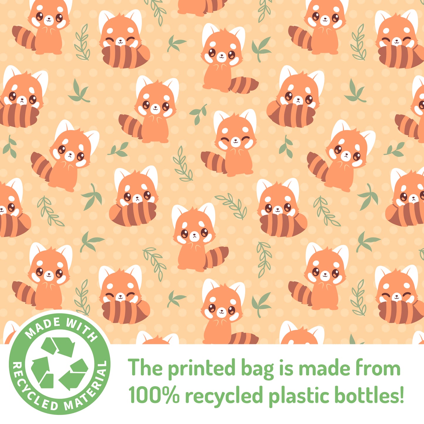 Patterned tote bag featuring illustrations of red pandas with a label stating the item is made from 100% recycled plastic bottles.
Product: Plushiverse Bamboo Snack Plushie Tote Bag
Brand: TeeTurtle