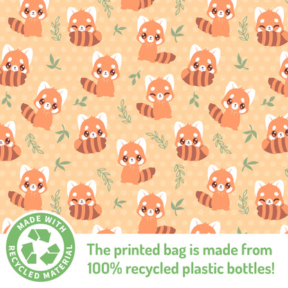 Patterned tote bag featuring illustrations of red pandas with a label stating the item is made from 100% recycled plastic bottles.
Product: Plushiverse Bamboo Snack Plushie Tote Bag
Brand: TeeTurtle