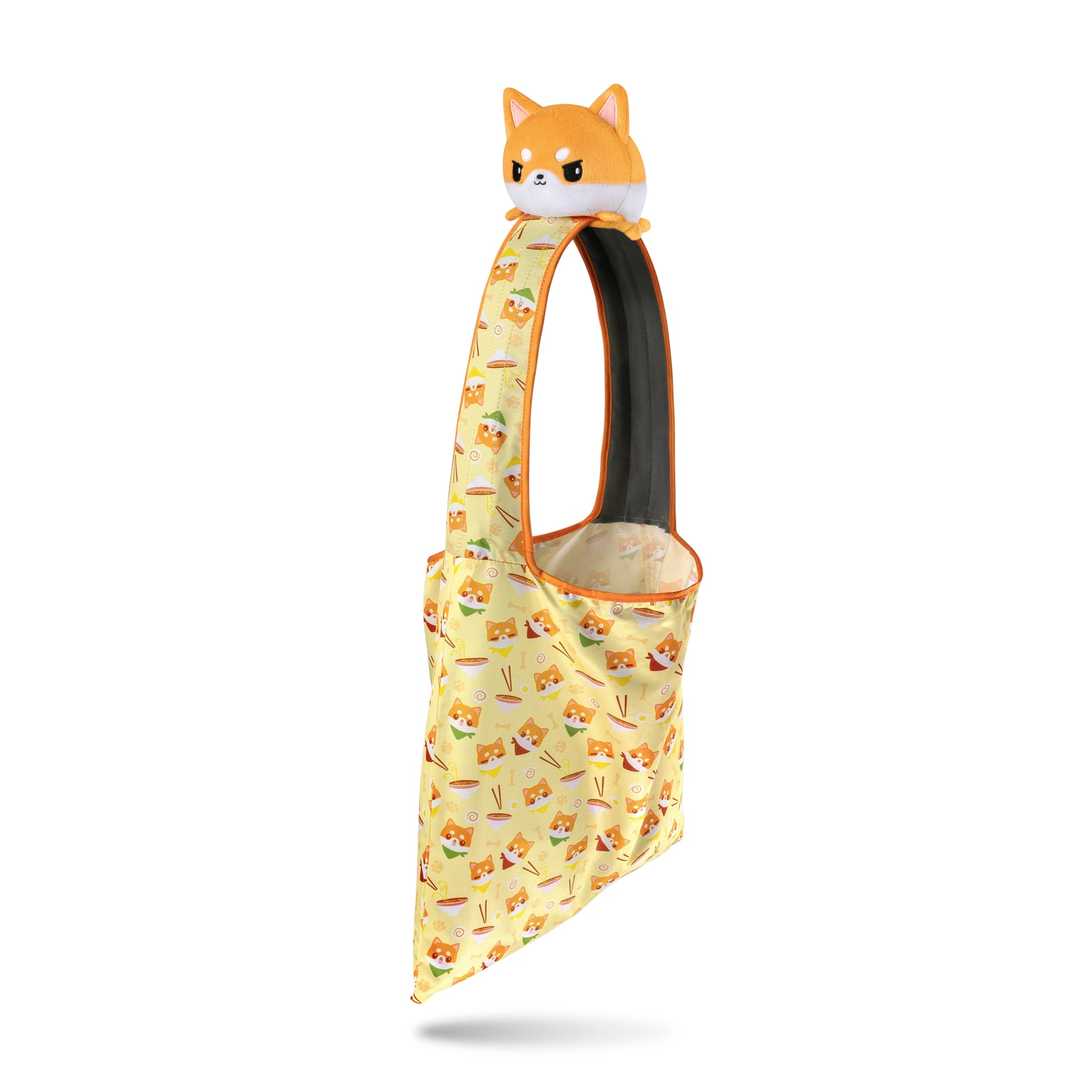 A TeeTurtle Plushiverse Ramen Shiba Inu plushie tote bag with a fox on it.
