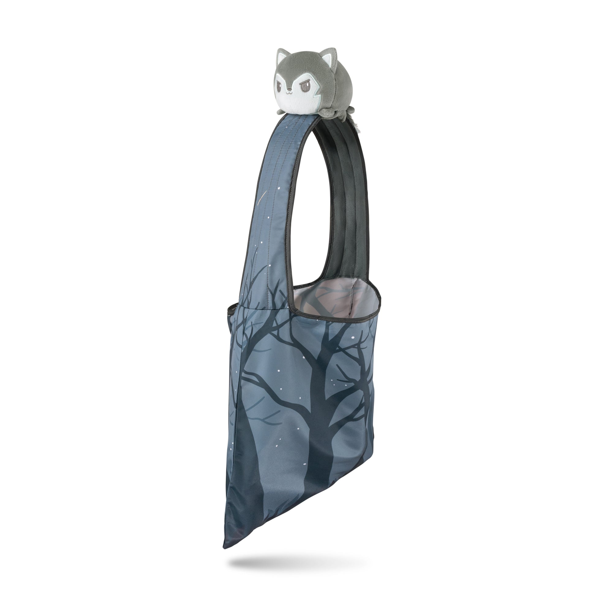 A blue TeeTurtle Plushiverse Moonlit Wolf Plushie Tote Bag with a owl on it, perfect for storing TeeTurtle plushies or as a convenient storage pouch.