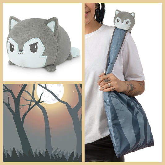 A woman is clutching a Plushiverse Moonlit Wolf plushie and carrying a TeeTurtle tote bag.