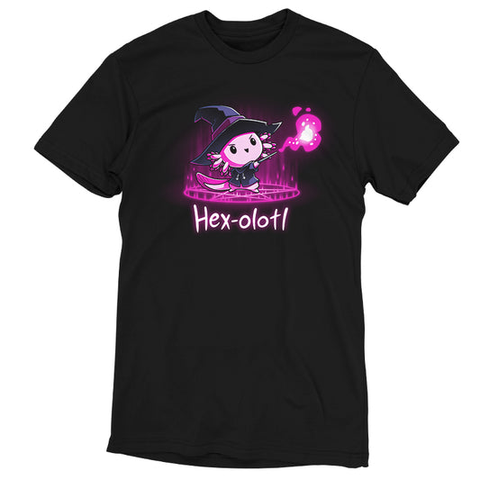 A Hex-olotl t-shirt with a pink witch design by TeeTurtle.