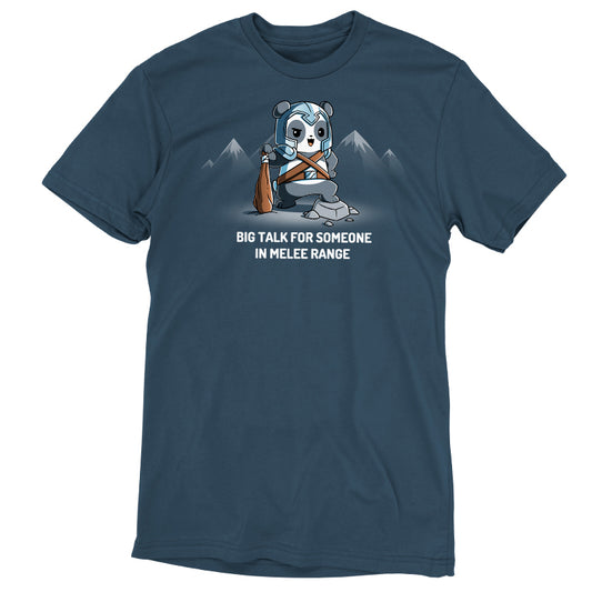 A denim blue t-shirt with a panda bear on it and the words, 