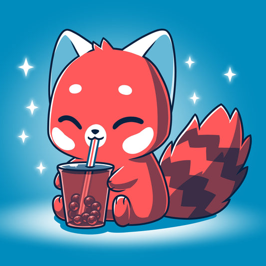 A red fox wearing a TeeTurtle T-shirt, drinking a cup of soda with Boba Red Panda.