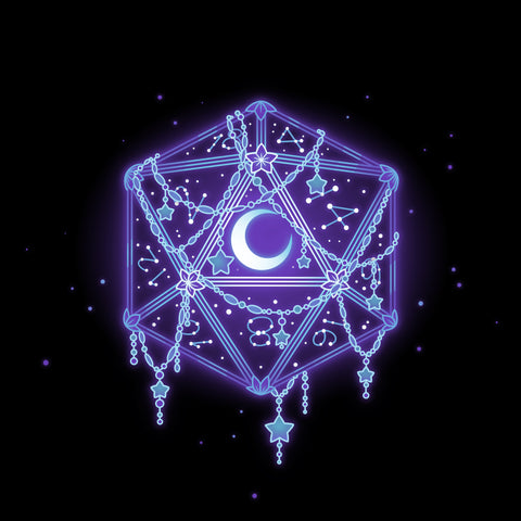 square-image-grid-Premium Cotton T-shirt_TeeTurtle Celestial D20 black t-shirt featuring an artistic D20 with a moon and constellations inside of it.