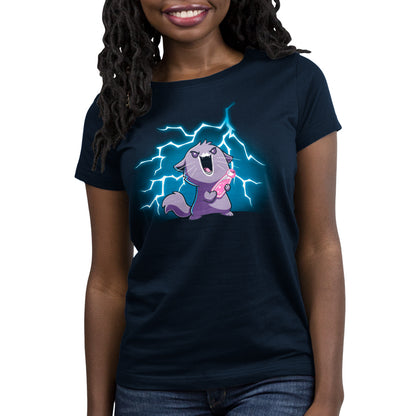 A woman wearing an officially licensed Disney Evil Yzma unisex tee with a lightning bolt on it.