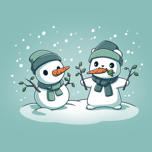 Two Frosty Disguise snowmen holding carrots in their hands on a comfortable TeeTurtle T-shirt.
