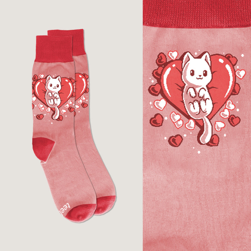 Comfortable I Love Mew socks with a cat and hearts design by TeeTurtle.