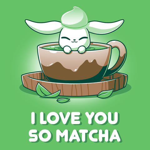 square-image-grid-Premium Cotton T-shirt_Teeturtle I Love You So Matcha apple green t-shirt featuring a cute little white-furred bunny peeking out of a cup of Matcha Tea with 'I Love You So Matcha' beneath.