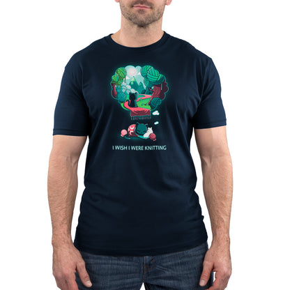 A man wearing an "I Wish I Were Knitting" t-shirt from TeeTurtle that reads, 'fear the tree'.