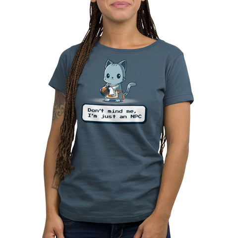 Premium Cotton T-shirt_TeeTurtle denim blue I'm Just An NPC apparel featuring a cat in an apron with a blank expression cleaning a mug. Caption below reads, "Don't mind me, I'm just an NPC".