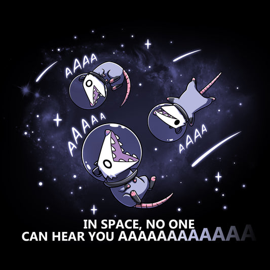 Cartoon sharks in space helmets, comically yelling, surrounded by stars with the caption 