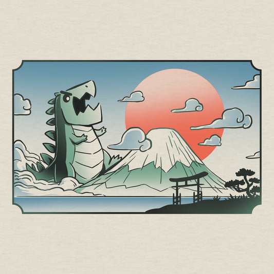 A Monster of Mount Fuji tee by TeeTurtle featuring a dragon atop a mountain.