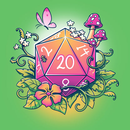 An Natural 20 green d20 surrounded by flowers and butterflies.