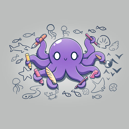 An Octopus Artist T-shirt design featuring a purple octopus with tentacles, surrounded by doodles by TeeTurtle.