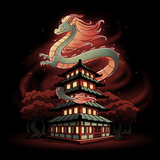 A Pagoda Dragon on top of a building, depicted on a comfortable TeeTurtle Ringspun Cotton T-shirt.