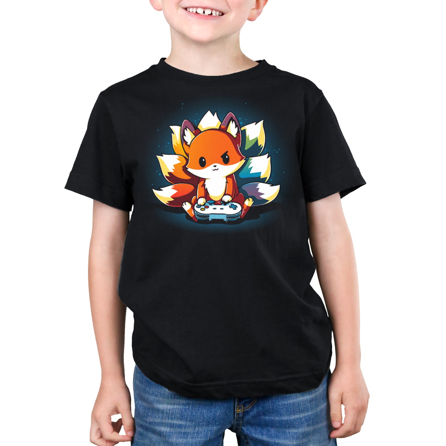 A young boy wearing a TeeTurtle Rainbow Gamer t-shirt with an image of a fox.