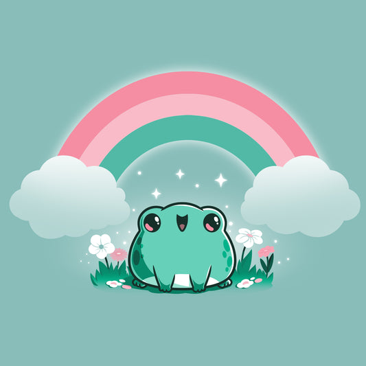 A comfortable Rainbow Ribbits t-shirt with a green frog from TeeTurtle.