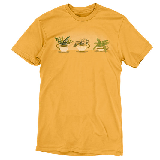 A yellow cotton T-shirt with a picture of Botanical Brews on it, by TeeTurtle.