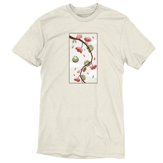 A white cotton t-shirt with TeeTurtle's Cherry Blossom Frogs design.