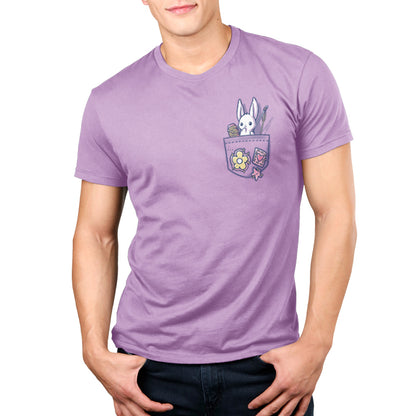 A man wearing a lavender T-shirt with the Crafty Bunny in Your Pocket by TeeTurtle.