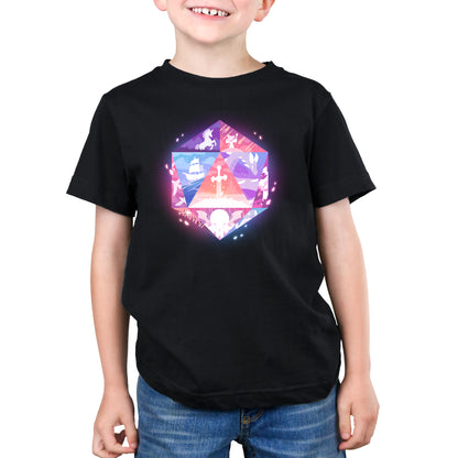 Young boy smiling, wearing a MonsterDigital kids' t-shirt with a colorful, geometric graphic design, paired with denim jeans.