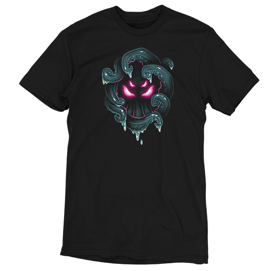 Women's TeeTurtle Dark Cthulhu black t-shirt with a neon blue and pink graphic design.