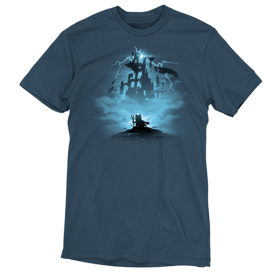 A Floating Ruins t-shirt from TeeTurtle with an image of a man on top of a mountain, symbolizing adventure.