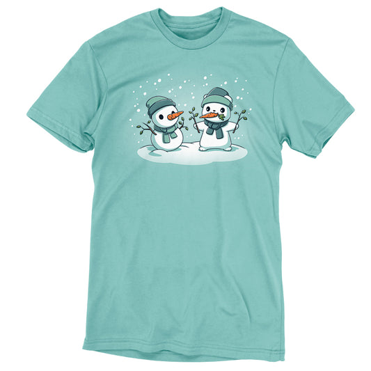 Comfortable Frosty Disguise turquoise T-shirt featuring two snowmen, manufactured by TeeTurtle.