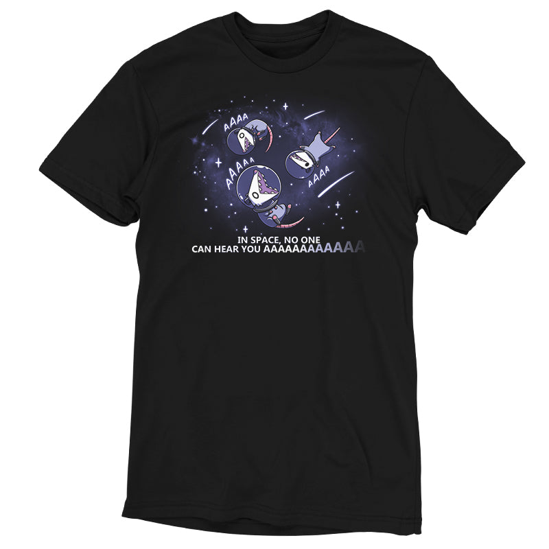 Black t-shirt with a graphic of an astronaut and alien screaming in space, text reads "In Space, No One Can Hear You AAAAAA." Made from super soft ringspun cotton by TeeTurtle.