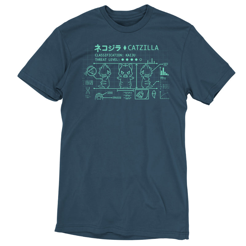 Navy blue Kaiju Catzilla t-shirt by TeeTurtle with a graphic design featuring schematic-like illustrations and Japanese text.