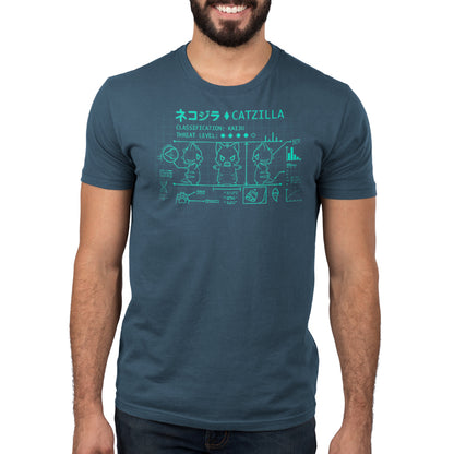 Man wearing a dark blue t-shirt crafted from super soft ringspun cotton, adorned with a humorous "Kaiju Catzilla" design featuring cat-themed parody of kaiju schematics by TeeTurtle.