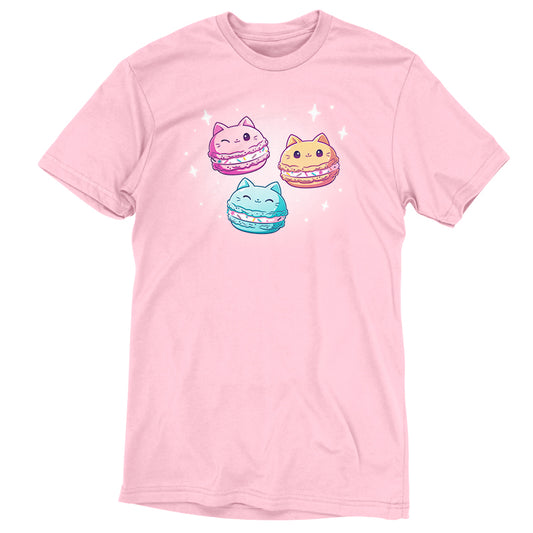 A pink t-shirt with three TeeTurtle Meowcaron cats on it.