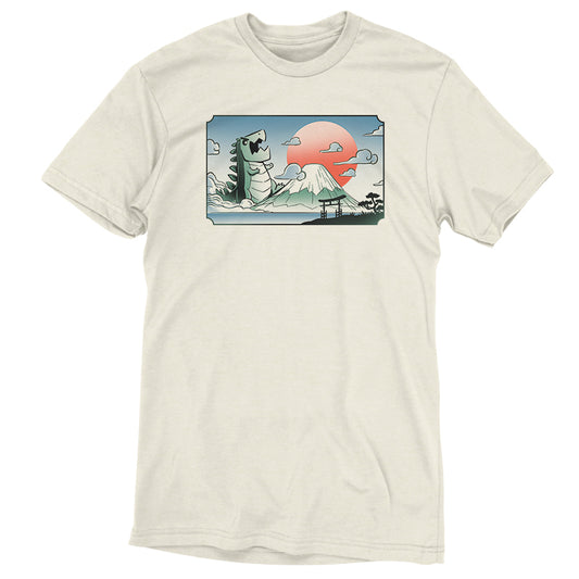 A comfortable white Monster of Mount Fuji T-shirt featuring an image of Godzilla on the beach, embracing the Kaiju theme by TeeTurtle.