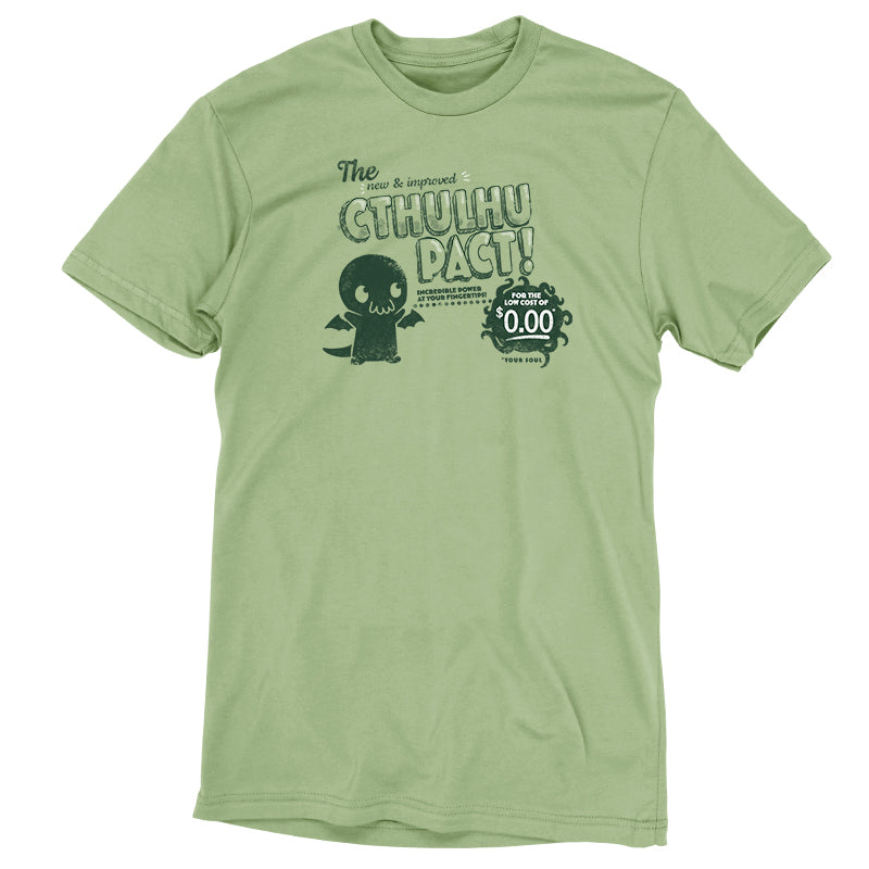 Green ringspun cotton tee with a New & Improved Cthulhu Pact print containing cartoonish character and text by TeeTurtle.