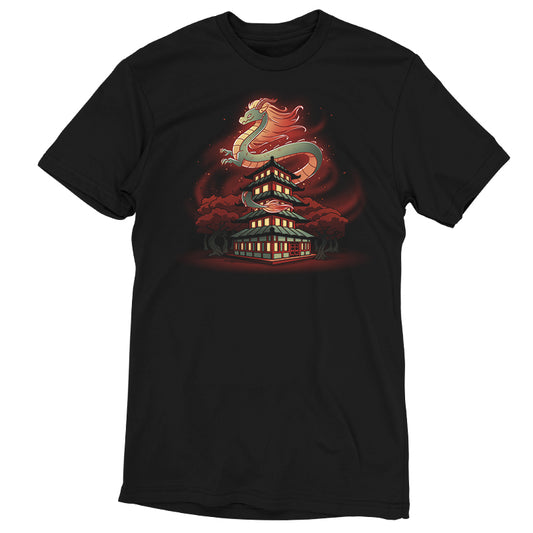 A Pagoda Dragon black T-shirt with a dragon on it, made of Ringspun Cotton by TeeTurtle.