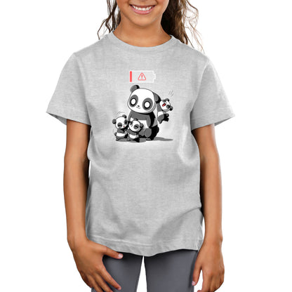 A child wearing a gray Running on Empty Men’s t-shirt featuring a cartoon of three pandas, one large and two small, styled as robots by monsterdigital.