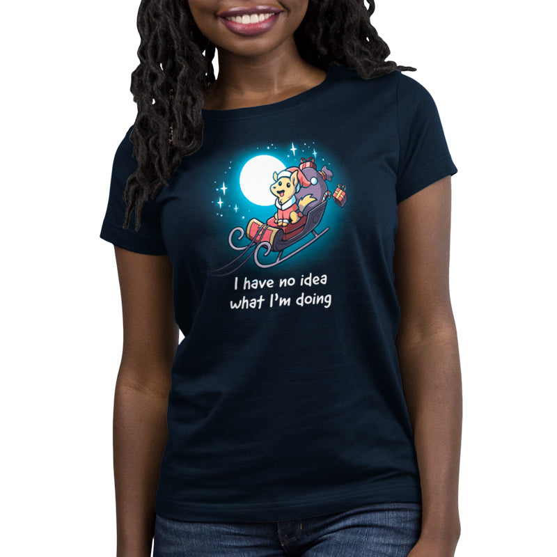 A woman wearing a TeeTurtle Santa Paws t-shirt made of ringspun cotton that says "i'm bored" with a graphic of a dog.