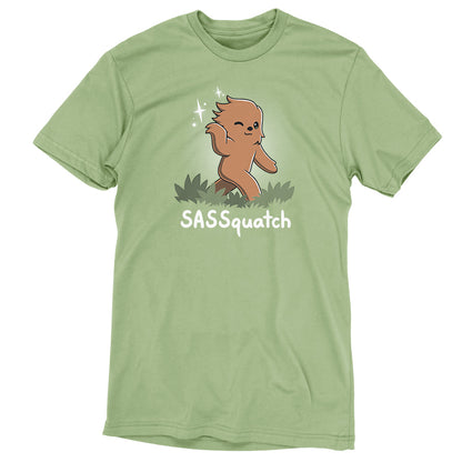 A unisex green Sassquatch tee made of ringspun cotton with a graphic of a cartoon sasquatch and the pun "SASSquatch" written below it from TeeTurtle.