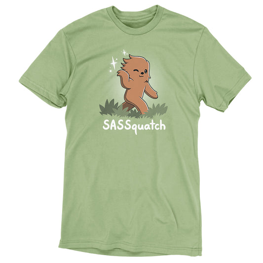 A unisex green Sassquatch tee made of ringspun cotton with a graphic of a cartoon sasquatch and the pun 