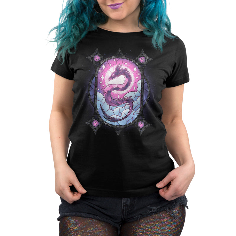 A woman wearing a TeeTurtle Stained Glass Dragon ringspun cotton t-shirt, offering unmatched comfort.