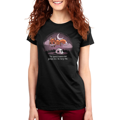 A black women's T-shirt with an image of The Quick Brown Fox, by TeeTurtle, sleeping.