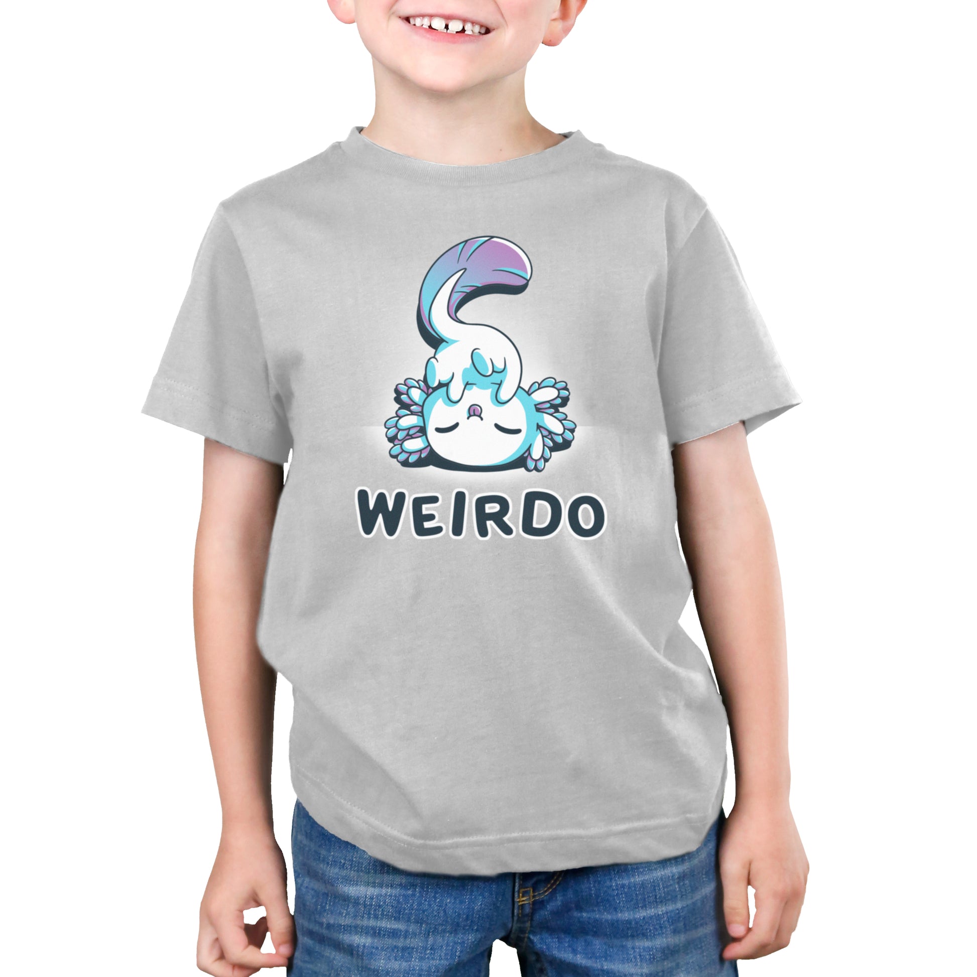 A young boy wearing a silver TeeTurtle t-shirt that says Weirdo.