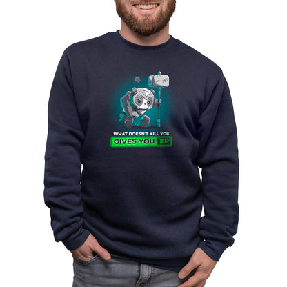 A man wearing a TeeTurtle "What Doesn’t Kill You Gives You XP" sweatshirt declares his nerdy inclination.