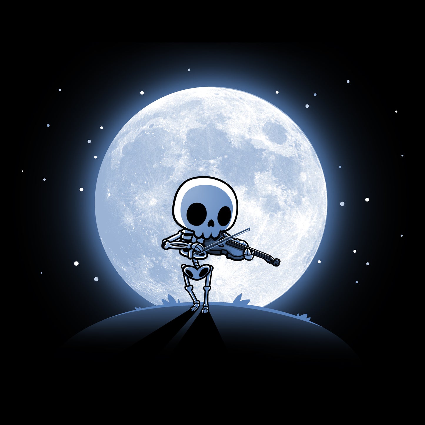 A Skulls and Soundwaves (Glow) t-shirt by TeeTurtle featuring the moon's most magical maestro, a skeleton holding a violin.