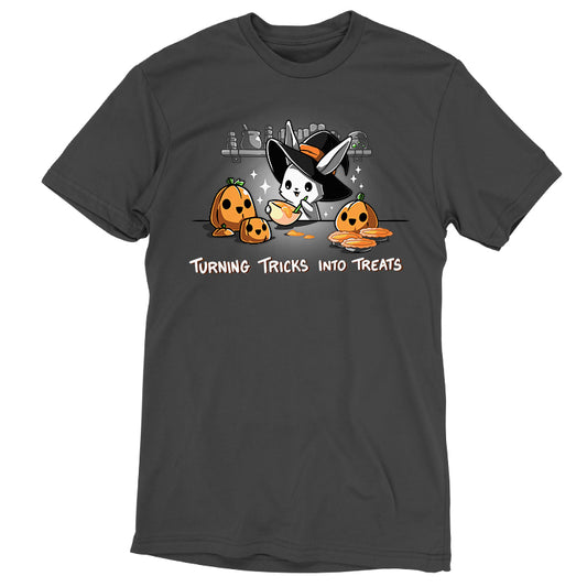 A charcoal gray Turning Tricks Into Treats t-shirt by TeeTurtle with a cat and pumpkins on it.