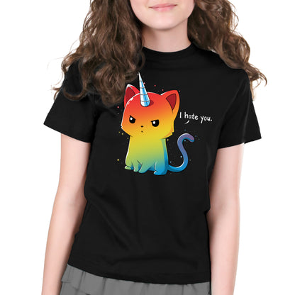 A girl wearing a black T-shirt with a TeeTurtle Magical Kittencorn on it.