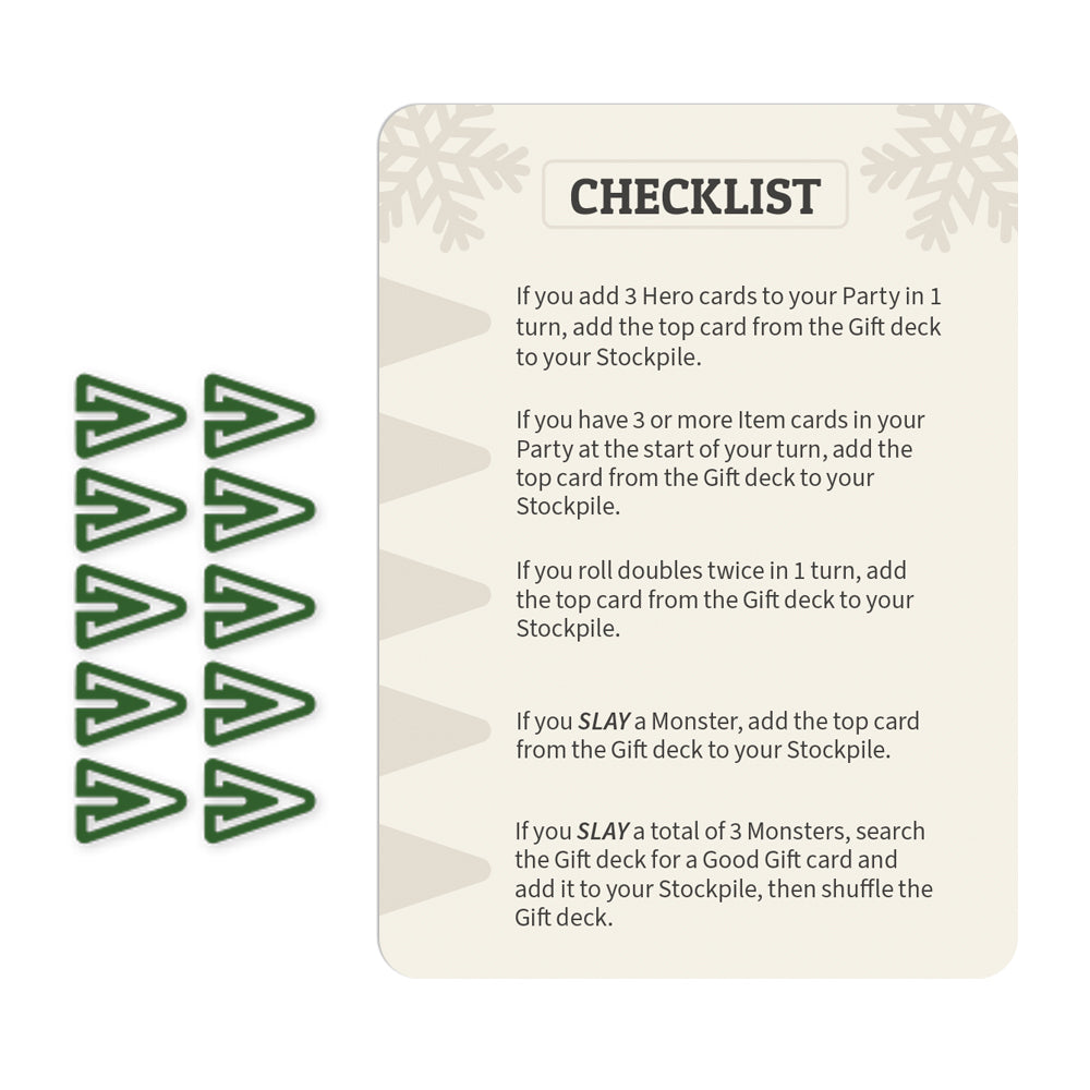 A card from Here to Slay: Here to Sleigh Expansion board game, featuring text instructions on gameplay actions related to "Gift cards" mechanics, with a decorative, gray snowflake border by Unstable Games.