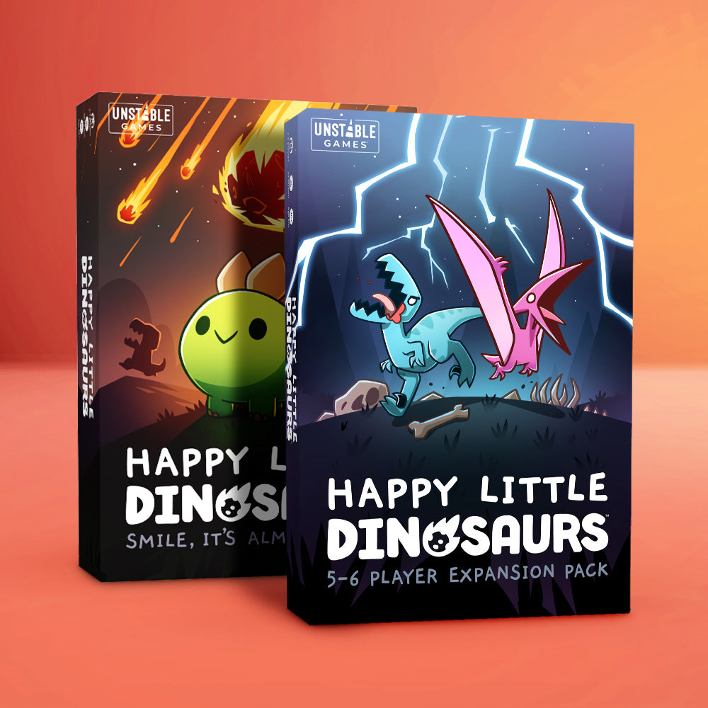 Two tabletop game boxes, "Happy Little Dinosaurs: Base Game + 5-6 Player Expansion Bundle" by Unstable Games, feature vibrant dinosaur illustrations on an orange gradient background and include Dinosaur Player Boards for enhanced gameplay.
