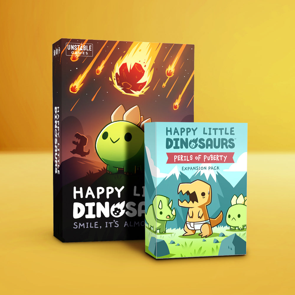 A yellow background showcases two boxes: the larger "Happy Little Dinosaurs" and the smaller "Perils of Puberty Expansion." This Unstable Games bundle offers a dinosaur-themed adventure full of laughter and prehistoric challenges.